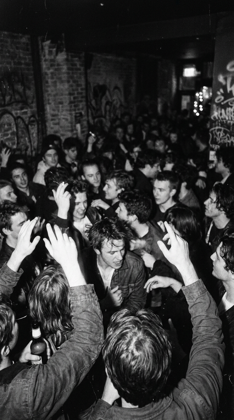 Crowd under a single red light at a basement show