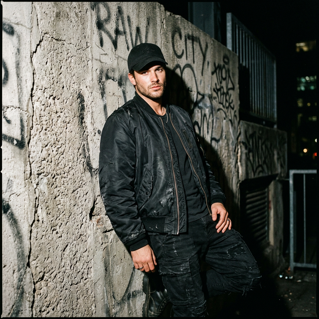 Model in a black cap against a concrete wall