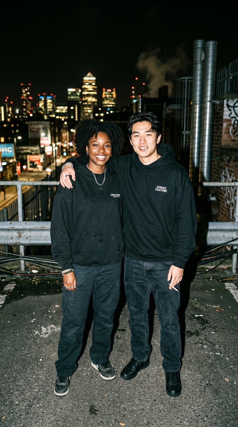 Two friends in hoodies on a city rooftop at night